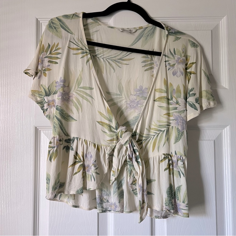 American Eagle Tropical Tie Front Ruffle Top